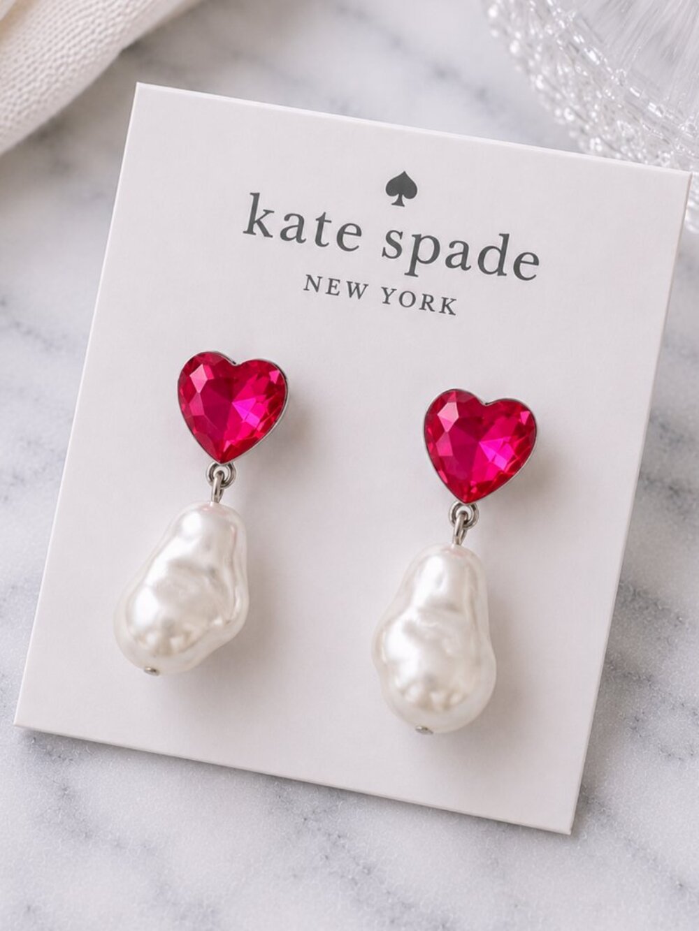 Kate Spade Pink Heart Pearl Drop Earrings Crystal Dangle Coquette Earrings💗